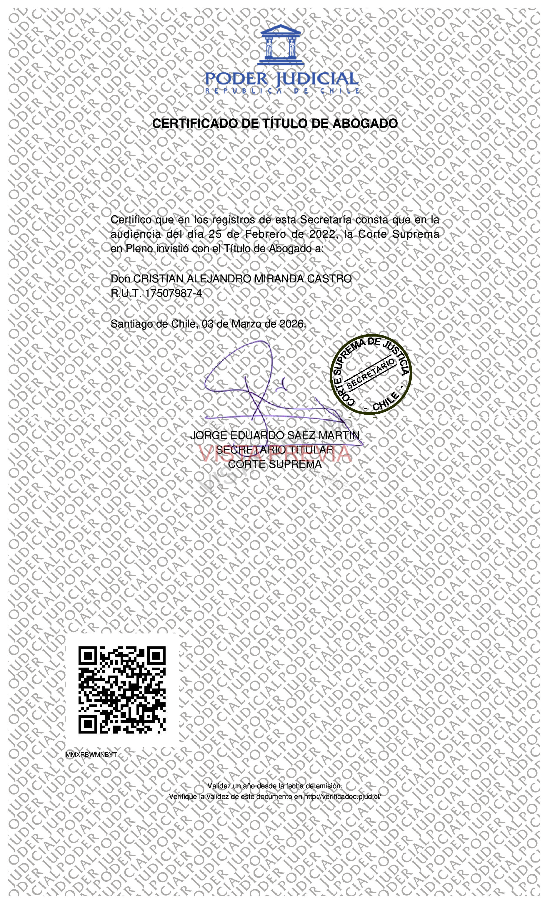 Vista previa del certificado de título con marca de agua